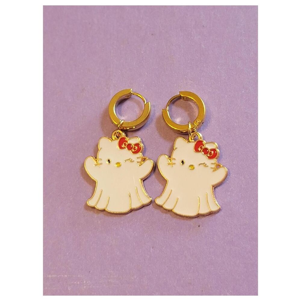 Gold Ghost Hello Kitty Huggie Hoop Earrings Kawaii Halloween Dangle Earrings